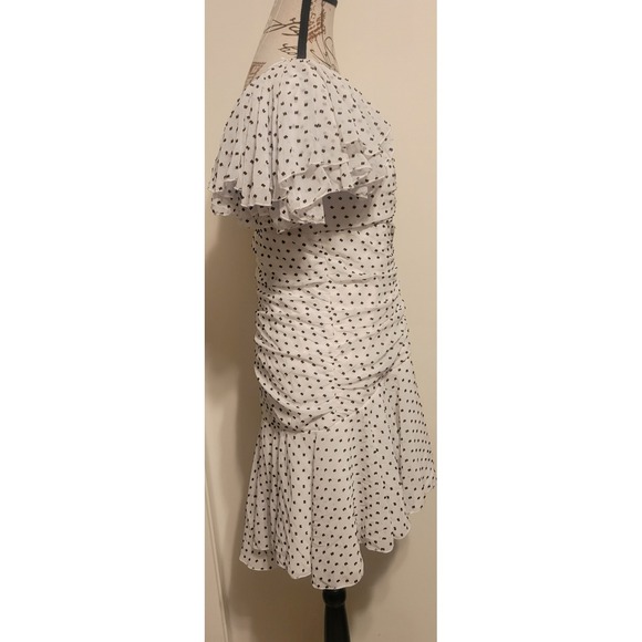 Bardot Women White Black Polka Dot Ruched Ruffle Mini Dress Size 8 M US 12 UK - Picture 5 of 11